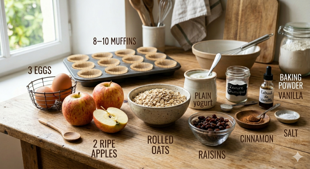 A rustic tabletop display of muffin ingredients: rolled oats, ripe apples, eggs, yogurt, raisins, cinnamon, and vanilla, alongside a muffin tin with liners.
