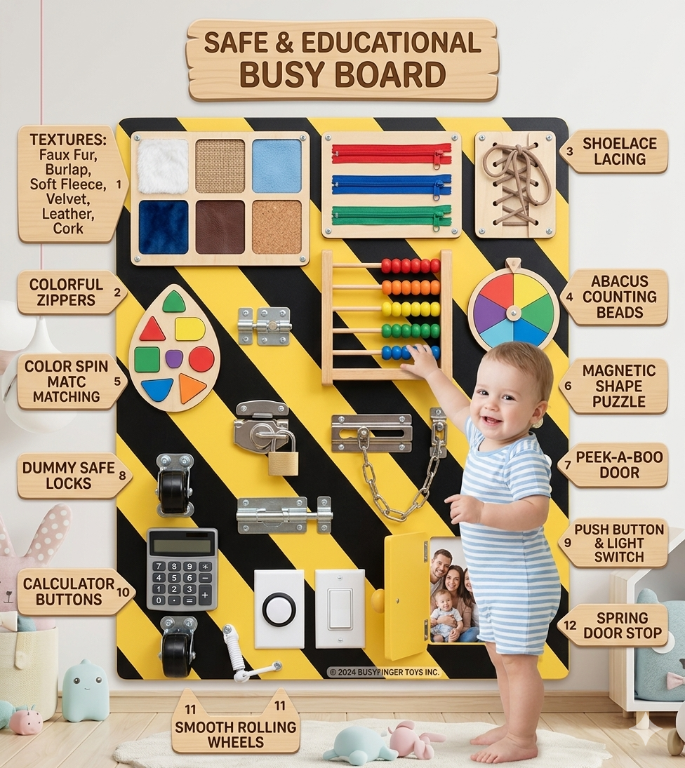 A yellow and black striped DIY toddler busy board featuring sensory textures, a calculator, colorful zippers, and a magnetic shape puzzle with a toddler standing next to it.